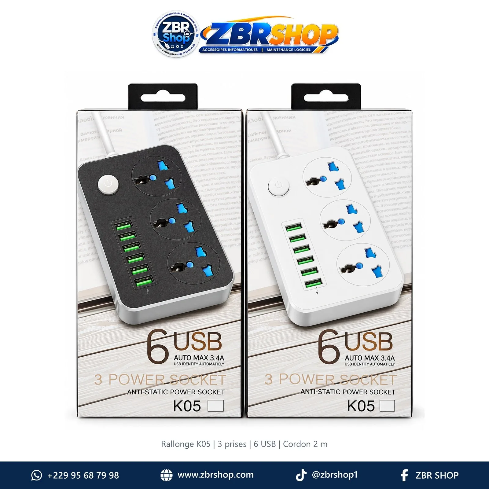 K05 Extension Cord with 3 Sockets and 6 USB Ports (2-Meter Cable)