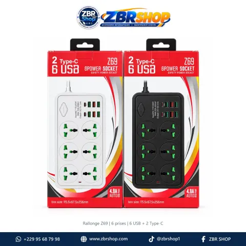 Rallonge de sécurité Z69 avec 6 prises, 6 USB et 2 Type-C (2500W)