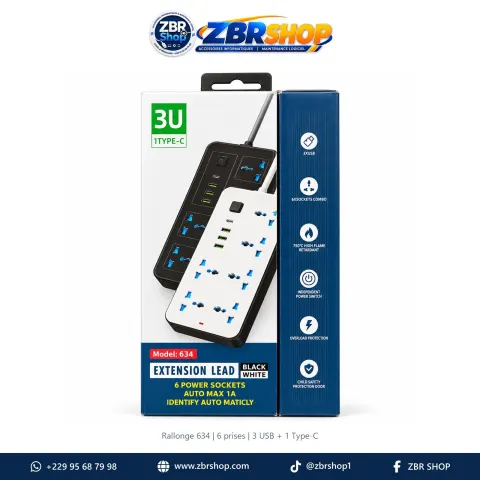 Rallonge de sécurité 634 avec 6 prises, 3 USB et 1 Type-C (2500W)