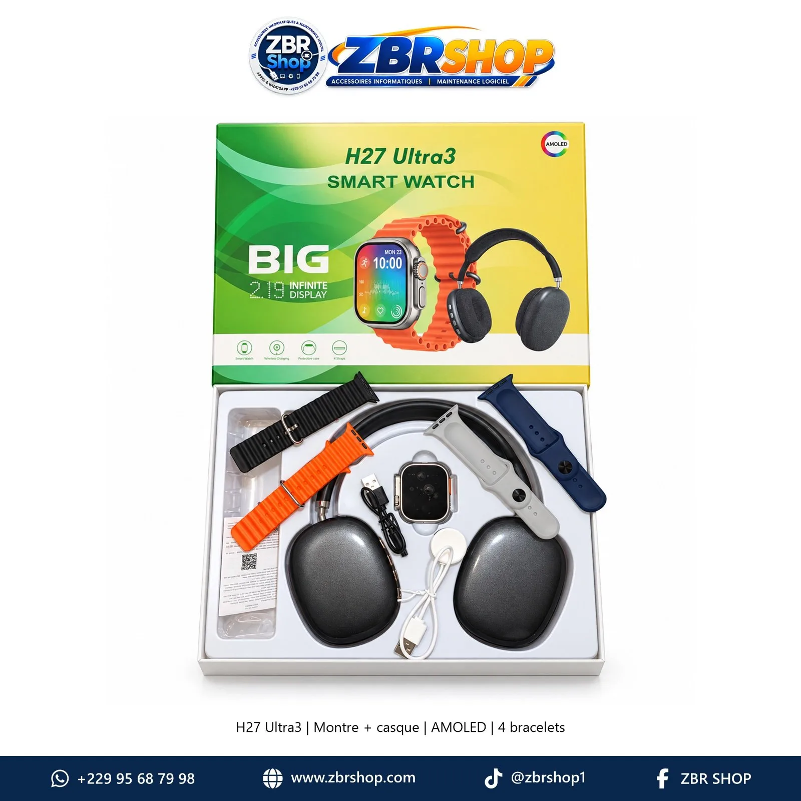 Coffret Montre Connectée H27 Ultra3 AMOLED 2.19" avec Casque Audio et 4 Bracelets