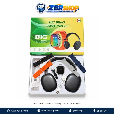 Coffret Montre Connectée H27 Ultra3 AMOLED 2.19" avec Casque Audio et 4 Bracelets