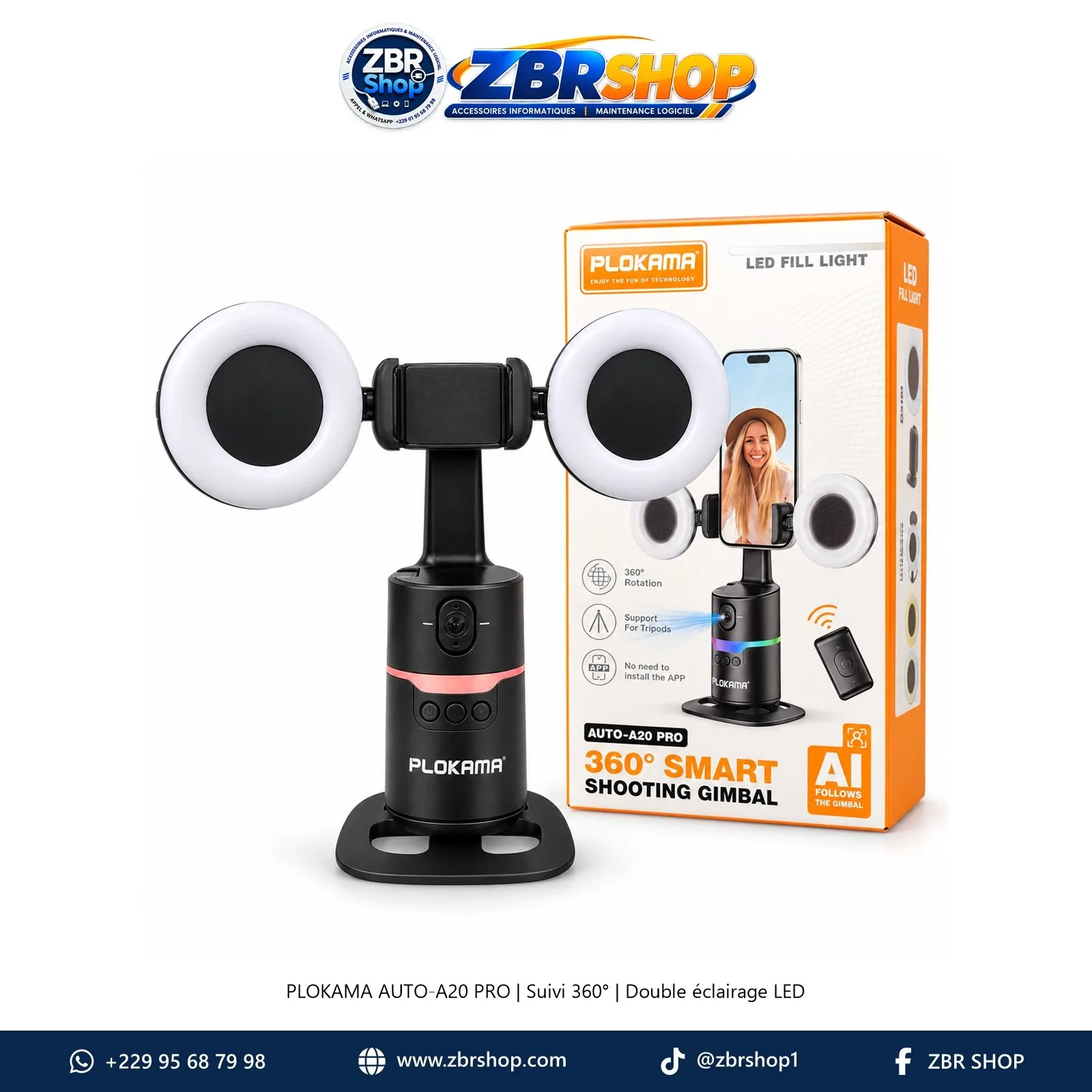 Support Téléphone Rotatif 360° avec Suivi Intelligent IA et Double Éclairage LED PLOKAMA AUTO-A20 PRO