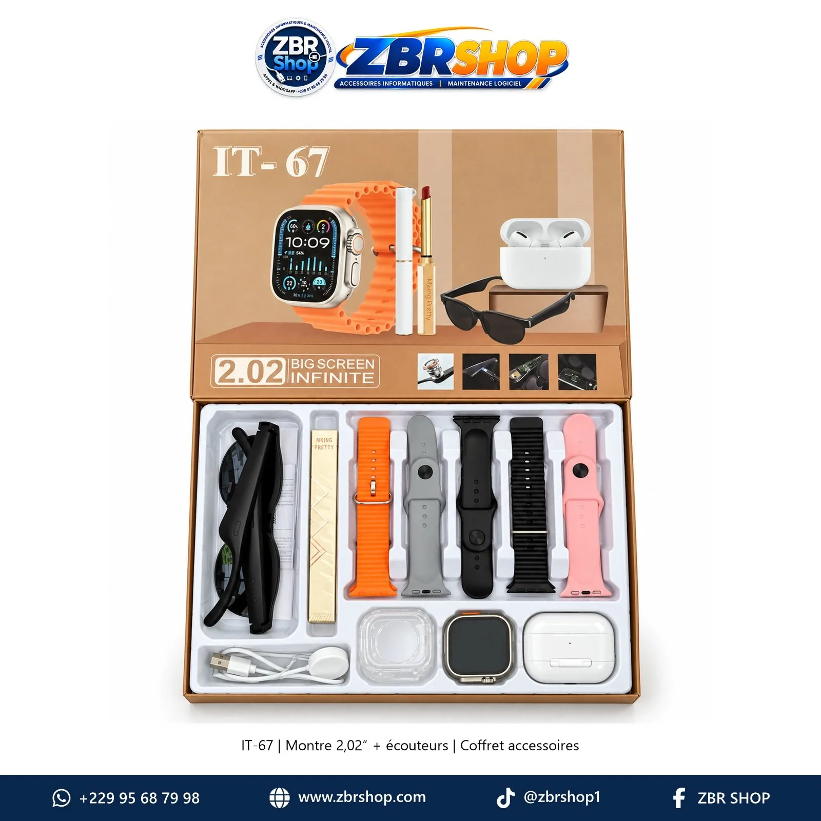 Coffret Montre Connectée IT-67 Écran 2.02" avec Écouteurs Sans Fil, Lunettes, 5 Bracelets et Accessoires