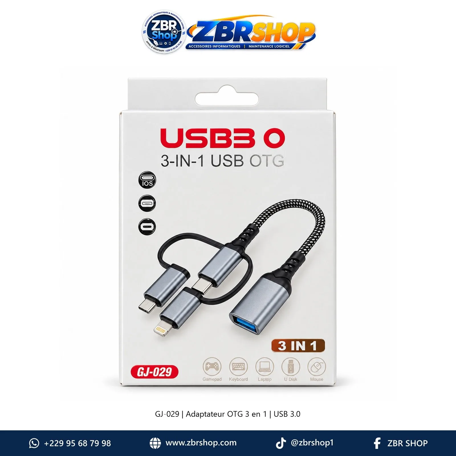 Adaptateur Câble USB 3.0 OTG 3-en-1 GJ-029 (Type-C, Micro USB, iOS Lightning vers USB Femelle)