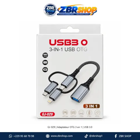 GJ-029 3-in-1 USB 3.0 OTG Adapter Cable (Type-C, Micro USB, iOS Lightning to USB Female)