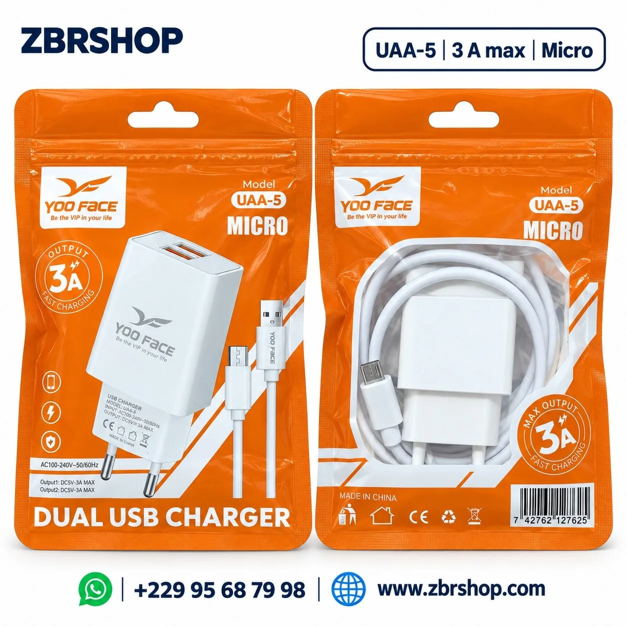 Charge YOO FACE UAA-5 (Chargeur Double USB + Câble Micro USB)