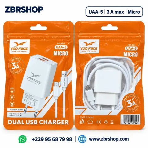Charge YOO FACE UAA-5 (Chargeur Double USB + Câble Micro USB)