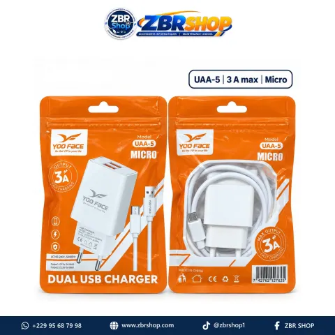 Charge YOO FACE UAA-5 (Chargeur Double USB + Câble Micro USB)