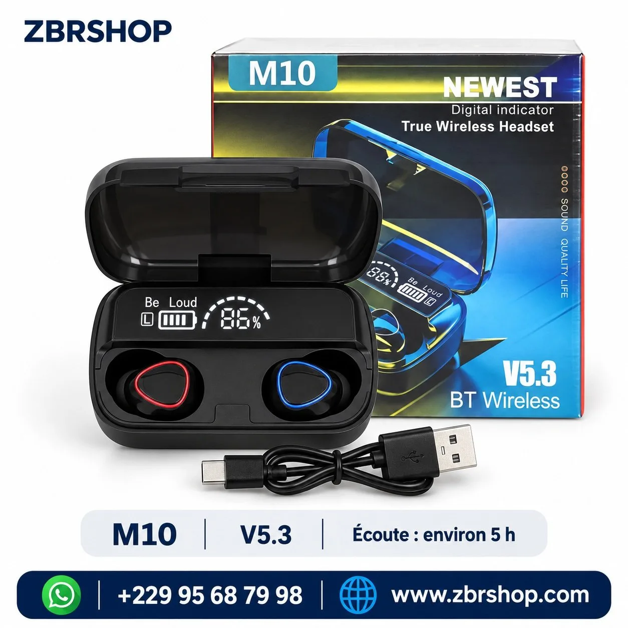 Écouteurs sans fil M10 (Bluetooth 5.3, avec affichage LED)