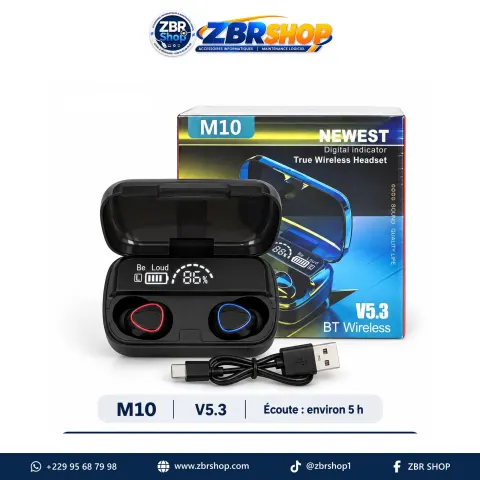 Écouteurs sans fil M10 (Bluetooth 5.3, avec affichage LED)
