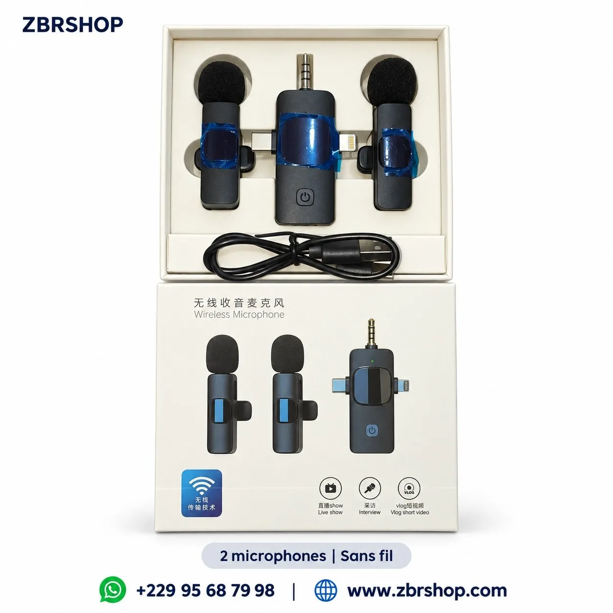 Microphone sans fil double (Kit de 2 micros + récepteur)