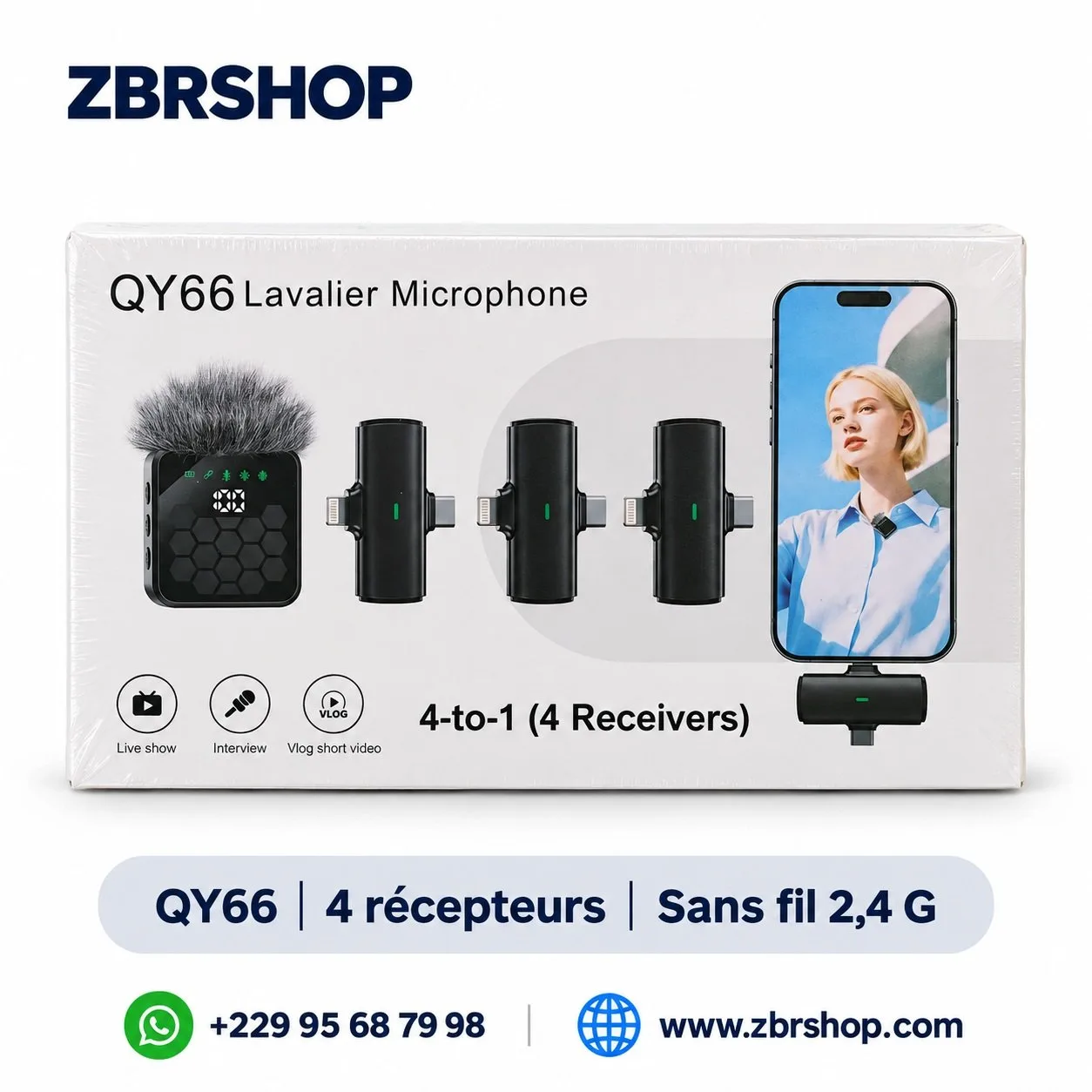 Microphone sans fil QY66 (4-en-1, 4 récepteurs, Micro-cravate)