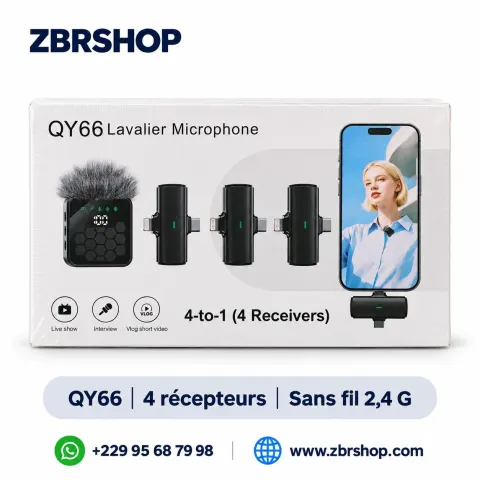 Microphone sans fil QY66 (4-en-1, 4 récepteurs, Micro-cravate)