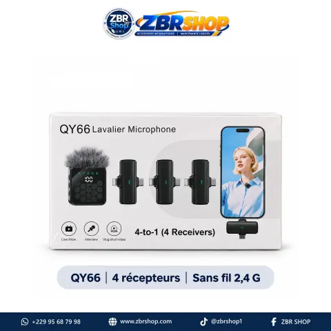 Microphone sans fil QY66 (4-en-1, 4 récepteurs, Micro-cravate)