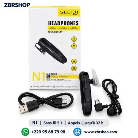 Oreillette Bluetooth professionnelle GELIDI N1 (Version 5.1)