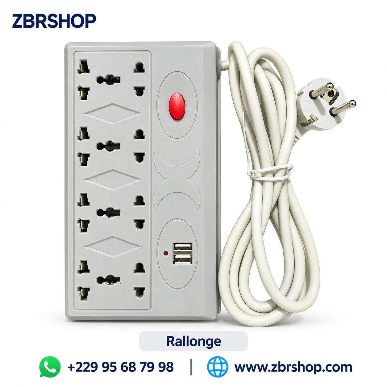 Rallonge électrique multiprise (4 prises universelles + 2 ports USB)