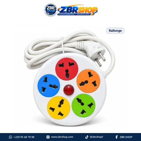 Rallonge électrique ronde (5 prises universelles multicolores)