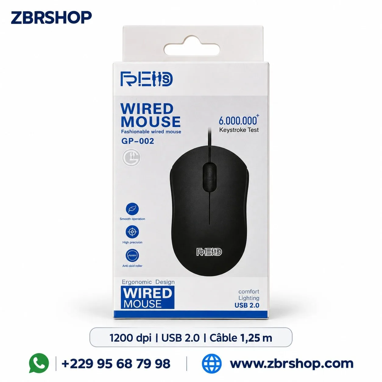 Souris filaire RED (Modèle GP-002, USB 2.0, 1200 DPI)