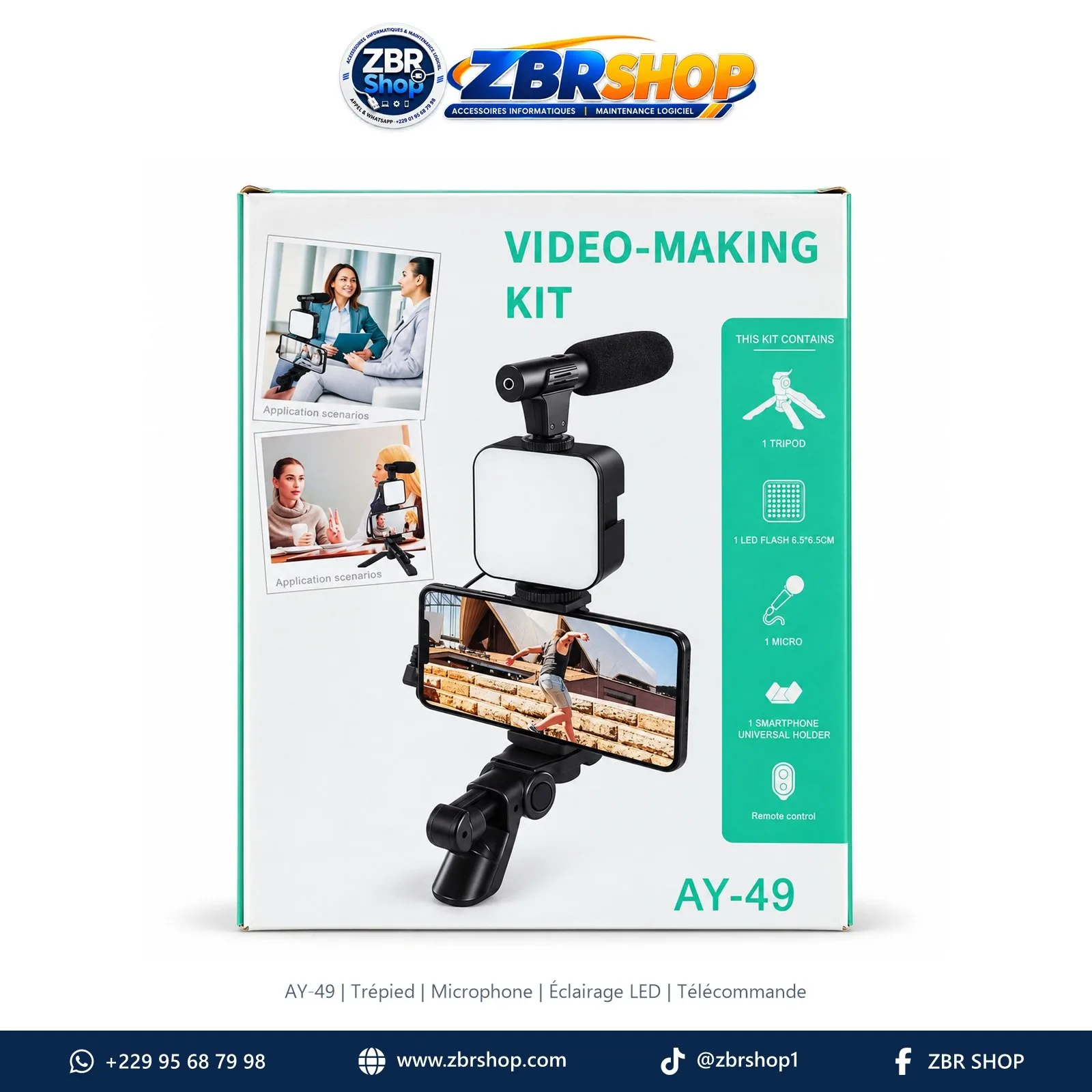Kit de tournage vidéo AY-49 (Trépied, Micro, LED, Support téléphone)