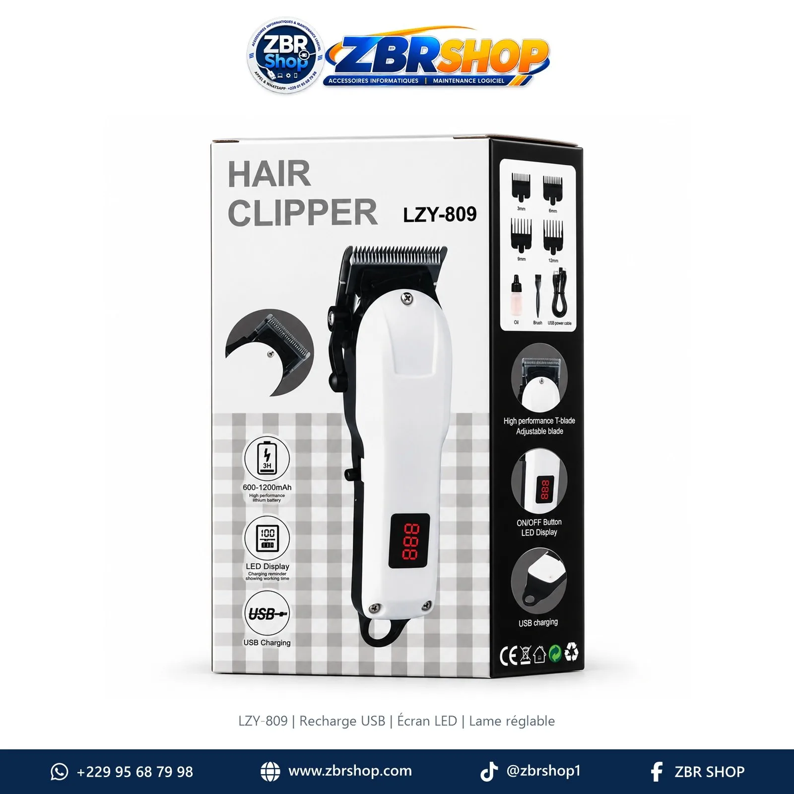 Tondeuse à cheveux LZY-809 (Écran LED, Batterie 1200mAh)